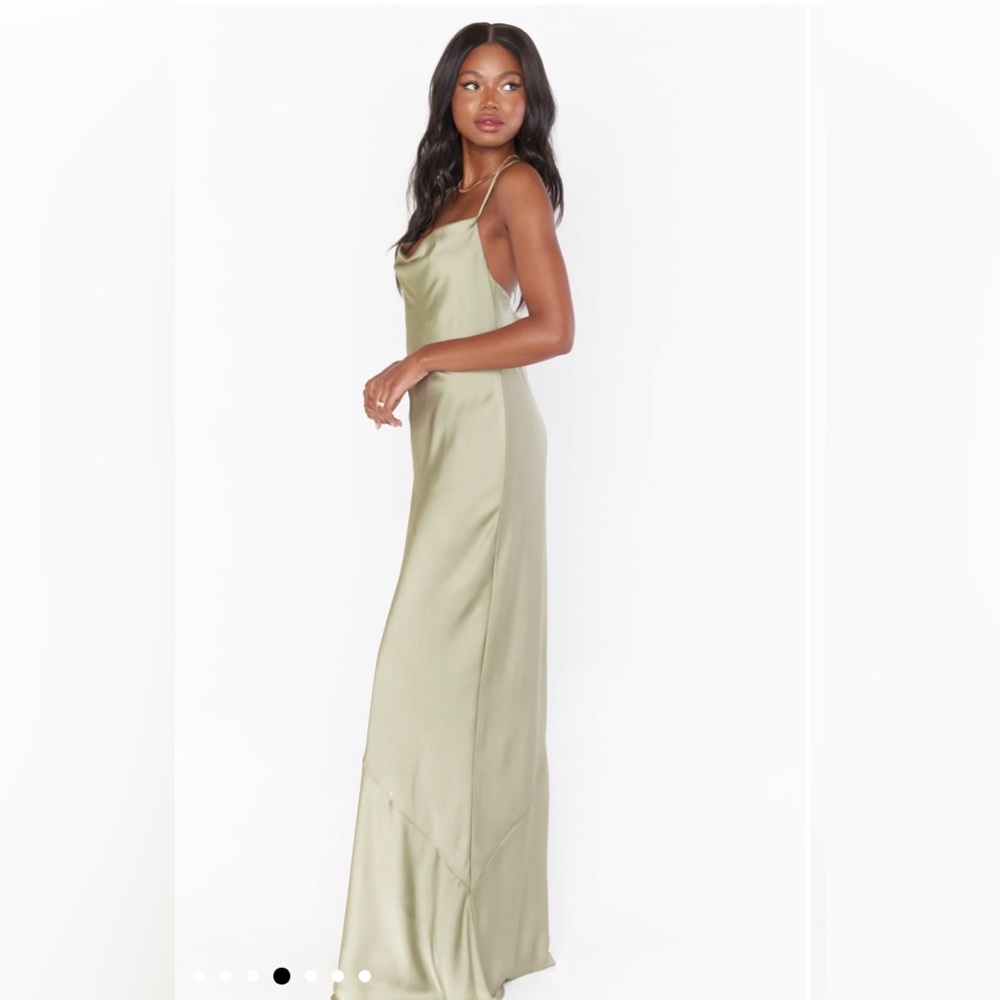 SHOW ME YOUR MUMU Tuscany Maxi Slip Dress in moss green luxe satin